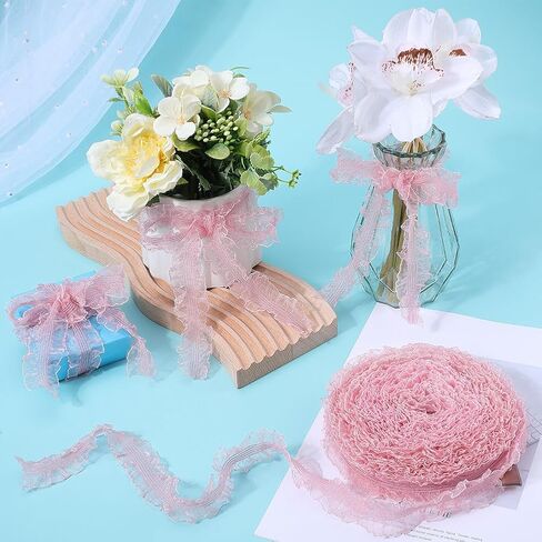 GORGECRAFT 20Yds Ruffled Pleated Lace Trim Ribbon 1.2" Double Ruffle Elastic Stretch Lace Edge Trimmings Gathered Fringe Appliques for Dress Wedding Collars DIY Sewing Crafts Decor Gift Wrapping Pink in Saudi Arabia