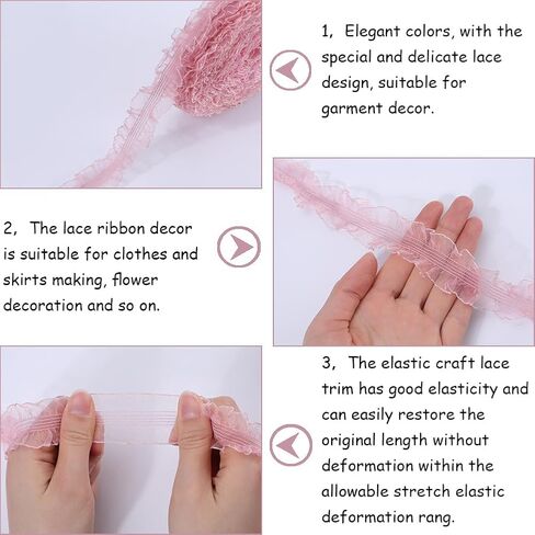 GORGECRAFT 20Yds Ruffled Pleated Lace Trim Ribbon 1.2" Double Ruffle Elastic Stretch Lace Edge Trimmings Gathered Fringe Appliques for Dress Wedding Collars DIY Sewing Crafts Decor Gift Wrapping Pink in Saudi Arabia