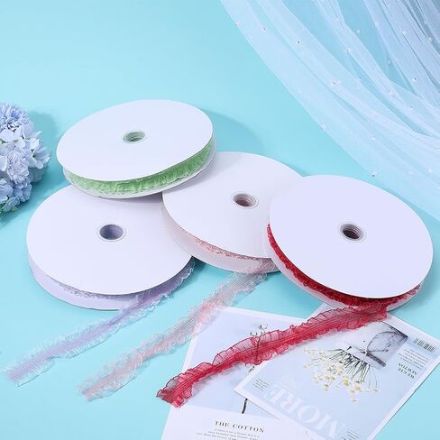 GORGECRAFT 20Yds Ruffled Pleated Lace Trim Ribbon 1.2" Double Ruffle Elastic Stretch Lace Edge Trimmings Gathered Fringe Appliques for Dress Wedding Collars DIY Sewing Crafts Decor Gift Wrapping Pink in Saudi Arabia