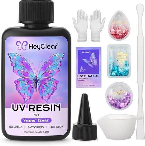 HeyClear 250g UV Resin kit -Crystal Clear, Hard UV Epoxy Resina para Manualidades Fast Curing Glue uv with Silicone Molds, Mat for Beginners Jewelry Making, DIY Crafts Art, Casting Coating in Kuwait