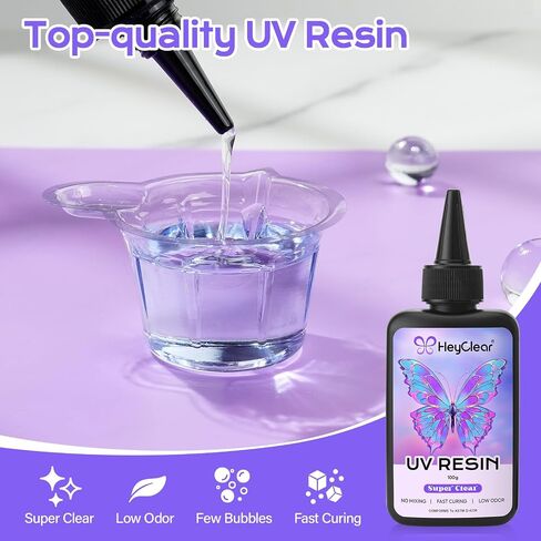HeyClear 250g UV Resin kit -Crystal Clear, Hard UV Epoxy Resina para Manualidades Fast Curing Glue uv with Silicone Molds, Mat for Beginners Jewelry Making, DIY Crafts Art, Casting Coating in Kuwait