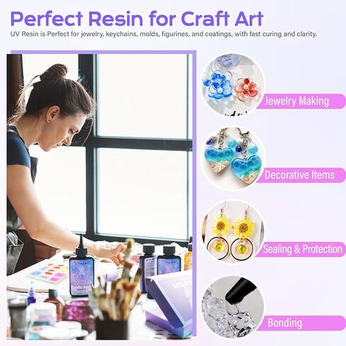 HeyClear 250g UV Resin kit -Crystal Clear, Hard UV Epoxy Resina para Manualidades Fast Curing Glue uv with Silicone Molds, Mat for Beginners Jewelry Making, DIY Crafts Art, Casting Coating in Kuwait