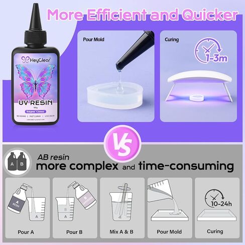 HeyClear 250g UV Resin kit -Crystal Clear, Hard UV Epoxy Resina para Manualidades Fast Curing Glue uv with Silicone Molds, Mat for Beginners Jewelry Making, DIY Crafts Art, Casting Coating in Kuwait