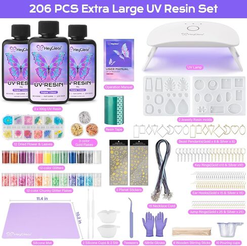 HeyClear 250g UV Resin kit -Crystal Clear, Hard UV Epoxy Resina para Manualidades Fast Curing Glue uv with Silicone Molds, Mat for Beginners Jewelry Making, DIY Crafts Art, Casting Coating in Kuwait