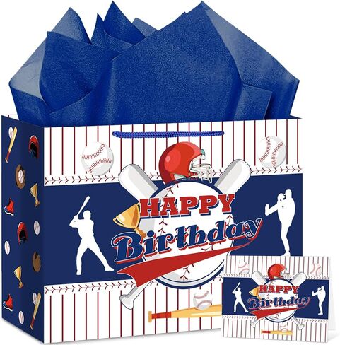 Hooqict Baseball Gift Bag Baseball Birthday Party Gift Wrapping Bag with Tissue Paper and Greeting Card for Boys Men Sport Birthday Party Supplies Goodie Treat Baseball Birthday Gift Bag in Saudi Arabia