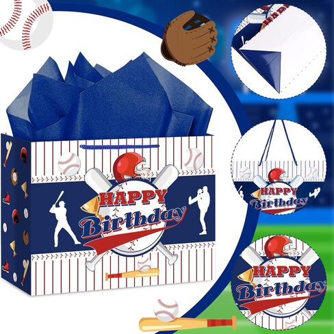 Hooqict Baseball Gift Bag Baseball Birthday Party Gift Wrapping Bag with Tissue Paper and Greeting Card for Boys Men Sport Birthday Party Supplies Goodie Treat Baseball Birthday Gift Bag in Saudi Arabia