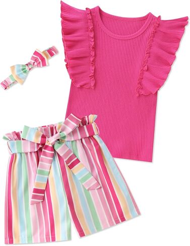 Crazyme Toddler Girl Clothes Short Sleeve T-Shirt Top Pirnted Shorts Baby Girls Outfits 18 Month-5T Girl Clothes in Kuwait