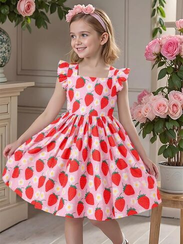 Popshion Girls Dresses Flutter Sleeve Swing Sundress Toddler Summer Clothes Kid Birthday Party Sleeveless Dress 1-8 Years Old in Kuwait