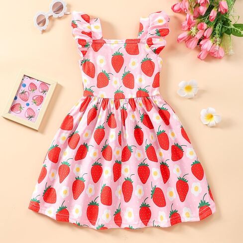 Popshion Girls Dresses Flutter Sleeve Swing Sundress Toddler Summer Clothes Kid Birthday Party Sleeveless Dress 1-8 Years Old in Kuwait