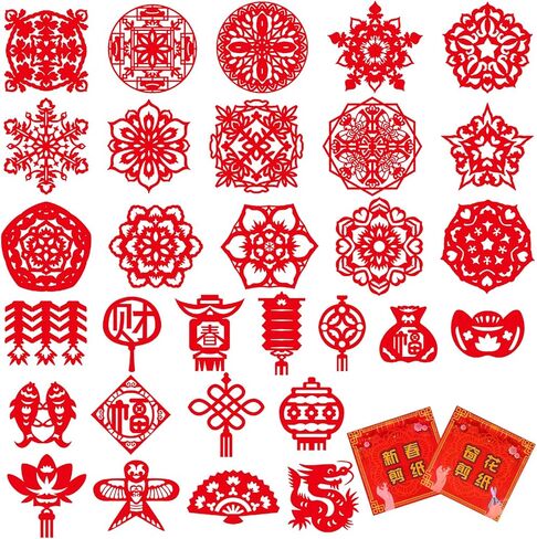 60pcs صينية ديكورات ديكورات صينية جديدة ملصقات النافذة الصينية التقليدية المقطوعة بالورق الصيني الجديد ملصقات ملصقات الربيع مهرجان ربيع مجموعة صناديق النافذة in Kuwait