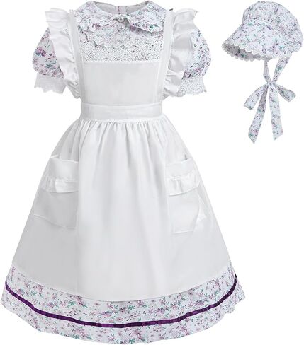 Cr Rolecos Colonial Prairie Costume Girls Ponoral Pioneer Dress for Girls Shorts Sleeves Pilgrim Light Purple in Kuwait
