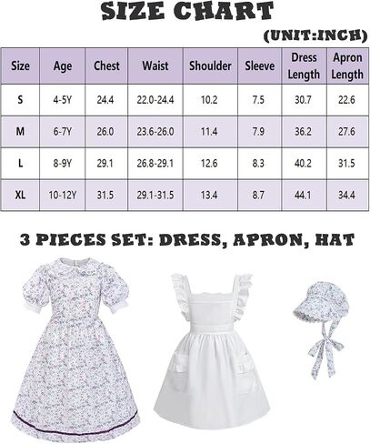 Cr Rolecos Colonial Prairie Costume Girls Ponoral Pioneer Dress for Girls Shorts Sleeves Pilgrim Light Purple in Kuwait