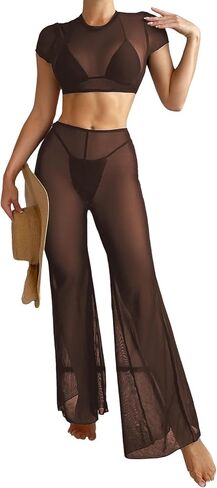 Verdusa Women's 2 Piece Sheer Mesh Bikini Cover Up Sets Crop Top and Wide Leg Pants in Saudi Arabia
