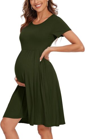 Women's Short Sleeve Maternity Dress Patchwork Pregnancy Clothes with Pockets in Kuwait