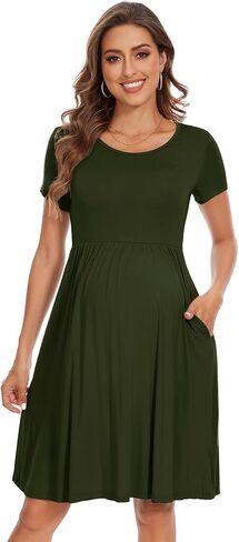 Women's Short Sleeve Maternity Dress Patchwork Pregnancy Clothes with Pockets in Kuwait