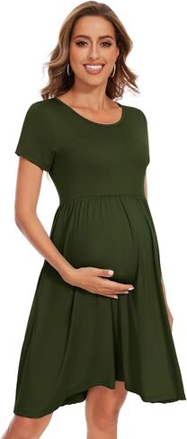Women's Short Sleeve Maternity Dress Patchwork Pregnancy Clothes with Pockets in Kuwait