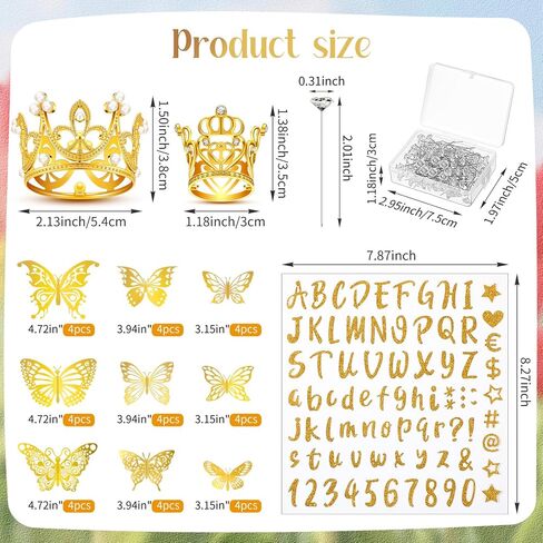 XunYee 148 Pcs Flower Bouquet Accessories Include 6 Pcs Crowns 6 Pcs Glitter Letter Stickers 36 Pcs 3D Butterflies 100 Pcs Corsage Pins for Birthday Mother's Day DIY Flower Arrangement (Gold) in Saudi Arabia