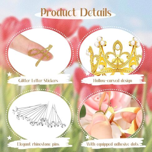 XunYee 148 Pcs Flower Bouquet Accessories Include 6 Pcs Crowns 6 Pcs Glitter Letter Stickers 36 Pcs 3D Butterflies 100 Pcs Corsage Pins for Birthday Mother's Day DIY Flower Arrangement (Gold) in Saudi Arabia