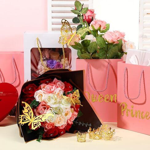 XunYee 148 Pcs Flower Bouquet Accessories Include 6 Pcs Crowns 6 Pcs Glitter Letter Stickers 36 Pcs 3D Butterflies 100 Pcs Corsage Pins for Birthday Mother's Day DIY Flower Arrangement (Gold) in Saudi Arabia