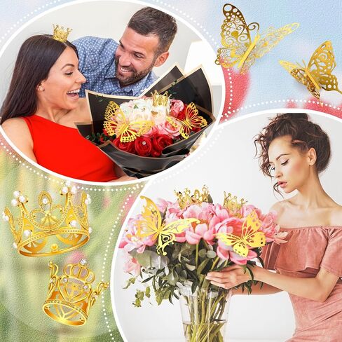 XunYee 148 Pcs Flower Bouquet Accessories Include 6 Pcs Crowns 6 Pcs Glitter Letter Stickers 36 Pcs 3D Butterflies 100 Pcs Corsage Pins for Birthday Mother's Day DIY Flower Arrangement (Gold) in Saudi Arabia