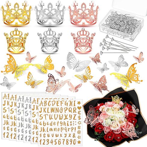 XunYee 148 Pcs Flower Bouquet Accessories Include 6 Pcs Crowns 6 Pcs Glitter Letter Stickers 36 Pcs 3D Butterflies 100 Pcs Corsage Pins for Birthday Mother's Day DIY Flower Arrangement (Gold) in Saudi Arabia