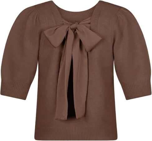 Springrain Bow Sweater Women Casual Puff Short Sleeve Crew Neck Tie Back Knit Pullover Tops in Kuwait