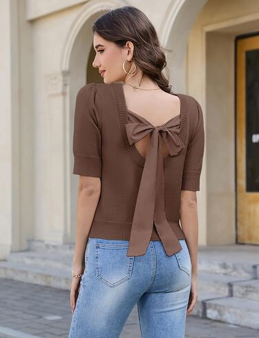 Springrain Bow Sweater Women Casual Puff Short Sleeve Crew Neck Tie Back Knit Pullover Tops in Kuwait