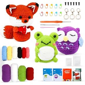 TFE Crochet Kit for Beginners Kids Adults, 3 Pattern Animals-Owl, Fox, Frog, Knitting Kit with Yarns, Hook, Accessories, Easy to Learn Video Tutorials.