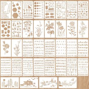 36 Pieces Stencils for Painting Set, 15Pcs Letter Stencils,Lettering Alphabet Stencil, 11Pcs Flower Leaves Plants Stencils, 10Pcs Journal Stencils, Crafts Templates for Painting on Wood, Home Decor