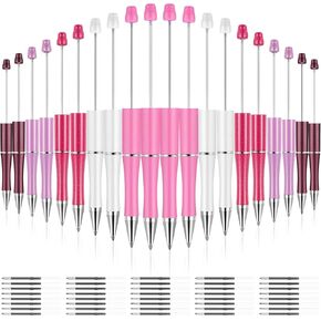 20 Pcs Beadable Pens,plastic Bead Pen Bulk Colored,black Ink Beaded Pens Extra Refills for Make Gifts for Children and Students, Office School Supplies(Pink Purple)