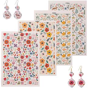 KABAKE Polymer Clay Transfer Paper 4 PCS Colorful Flowers Magic Water Transfer Paper Retro Floral Leaf Paper for Earrings Jewelry Making Polymer Clay Tools
