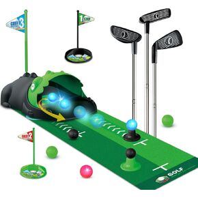 Upgraded Kids Toy Golf Set with Dinosaur Automatic Golf Returner, Led Light Up Night Golf Balls, 3 Clubs, Putting Mat, 3-8 Toddler Mini Golf Games, Indoor Outdoor Sports Toys for Boys Girls