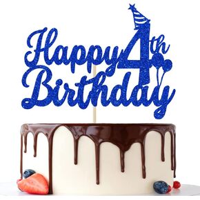 Happy 4th Birthday Cake Topper, 4th Birthday Party Decorations for Boy's Girl's, 4 Year Old Bday Party Decorations Blue Glitter