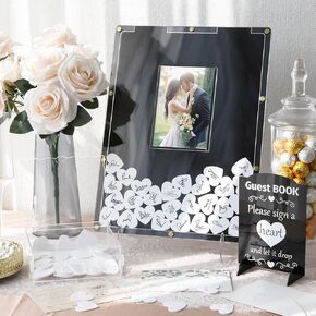 AerWo Wedding Guest Book Alternative, Guest Book Wedding Reception, Acrylic Guest Book Drop Box with Stand, Plywood Box, 100 Wooden Hearts and Marker Pen, Wedding Signs for Ceremony and Reception