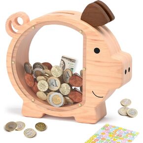 Pink Piggy Bank for Girls, Clear Piggy Bank for Kids,Large Animal Coin Bank, Unbreakable Wooden Money Bank for Toddler Real Money Toy Personalized for Child Birthday & Decor