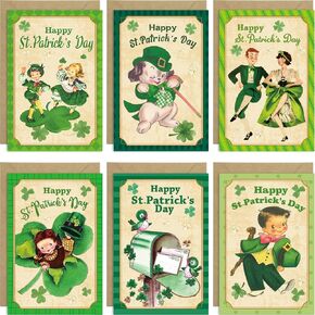 Ceiba Tree Vintage St. Patrick's Day Cards 24pcs متنوعين Retro Shamrock Green Blank Notes Notes with Occants and Stickers