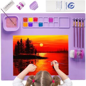 Silicone Painting Mat - Art Mat with Cup, Craft Paint Brush Cleaner Tool &10 Paint Brushes – Thick Large 20 X 16 Paint Mat for Kids & Adults – Washable Erasable Silicone Craft Mat for Artistic Work