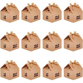 BENECREAT 20 Packs Small House Shaped Gift Boxes with Ribbon, 4.9x4.9x5.3 inch Paper Candy Box Cardboard Treat Bags for Wedding Baby Shower Birthday Party, Wheat