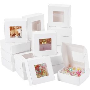 BENECREAT 28 Packs 3.3x3.3x1.3 Inch Square Gift Boxes with Clear Window, White Bakery Boxes Gift Packaging Boxes for Anniversaries, Birthdays, Weddings, Graduation