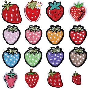 16 PCS Strawberry Patch Flower Fruits Strawberries Embroidered Applique Patches Funny Red Strawberry Appliques Cartoon Fruit Sew on Embroidered Patches for Clothes Dress Hat Jeans DIY Accessories