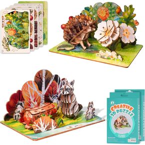 ELX Wooden 3D Puzzles for Kids 6+, 2 PCS Colorful Raccoons & Hedgehogs with Forest Scene Wooden Models, Wood Building Postcard Kits DIY Wooden Crafts Stem Toys