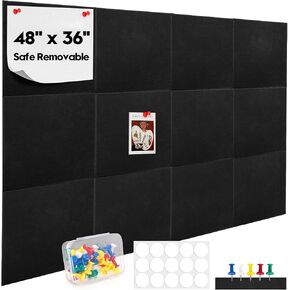 YOUEON Black Felt Bulletin Board for Wall 48" x 36", 12 Pack Cork Board Alternative with Pushpins & Self Adhesive Stickers, Soundproof Wall Tiles, Pin Boards for Home Office School
