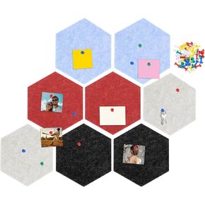 uxcell 8 Pcs Hexagon Felt Pin Board with 40 Pcs Pushpins 8.7" x 7.5" Self Adhesive Felt Bulletin Board Cork Boards for Walls Paste Notes Photos Schedules, Black/Light Camel/Light Blue/Red