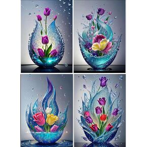 SENQAO Flower Diamond Painting Kits for Adults 5D Landscape Diamond Art Kit for Beginners, 4 Packs DIY Paint with Round Full Drill Diamonds Paintings Gem Art for Home Wall Decor 12X16 Inch