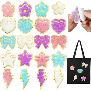 40 Pcs Self Adhesive Chenille Patches, Cute Patches for Backpacks Iron on Patches for Girls for Clothing Fabric Jackets Jeans Repair Decorations(4 Colors+5 Styles)