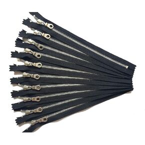 YKK Aluminum Metal Zippers with Donut Pull 10 Inch Number 5 in Black Silver Teeth Set of 12 Pieces by Craftbot