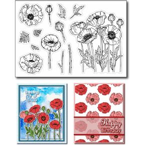 Arbuya DIY Poppies Flowers Decorative Clear Stamps for Card Making or Journaling, Poppy Floral Silicone Stamps for Scrapbooking Photo Album Paper Crafting Decoration