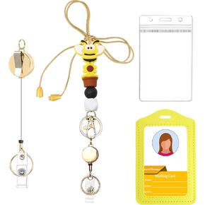 Leather ID Badge Holder Set,Cute Unique Silicone Beads Teacher Breakaway Lanyard for Keys & Keychain