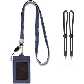 YOUOWO 2 Pack Badge Holders Leather+2 Pack Neck Lanyards Detachable Buckle Black Lanyard Strap for Men Women Keys 2-Sided PU Leather Vertical ID Cards Holder with 1 ID Window and 2 Card Slot