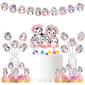 Pink Penguins Baby Shower and Birthday Party Supplies Set - Banner, Centerpieces, Cupcake Toppers, Cake Topper
